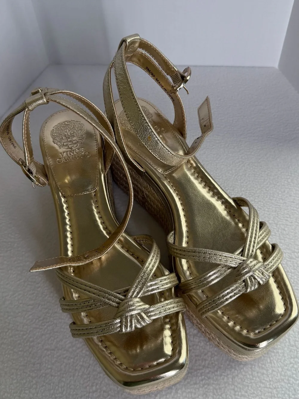 Vince Camuto Metallic Gold Knotted Strap Platform Wedges
